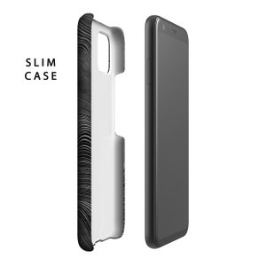 May include: A black and white patterned phone case with a slim design. The case is shown next to a black smartphone.