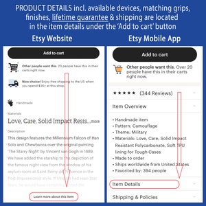 May include: Etsy product listing for a phone case featuring a camouflage pattern with the text "Love, Care, Solid Impact Resistant Polycarbonate, Soft TPU lining for Tough Cases". The listing includes details about the product, such as the materials used, the shipping options, and the reviews.