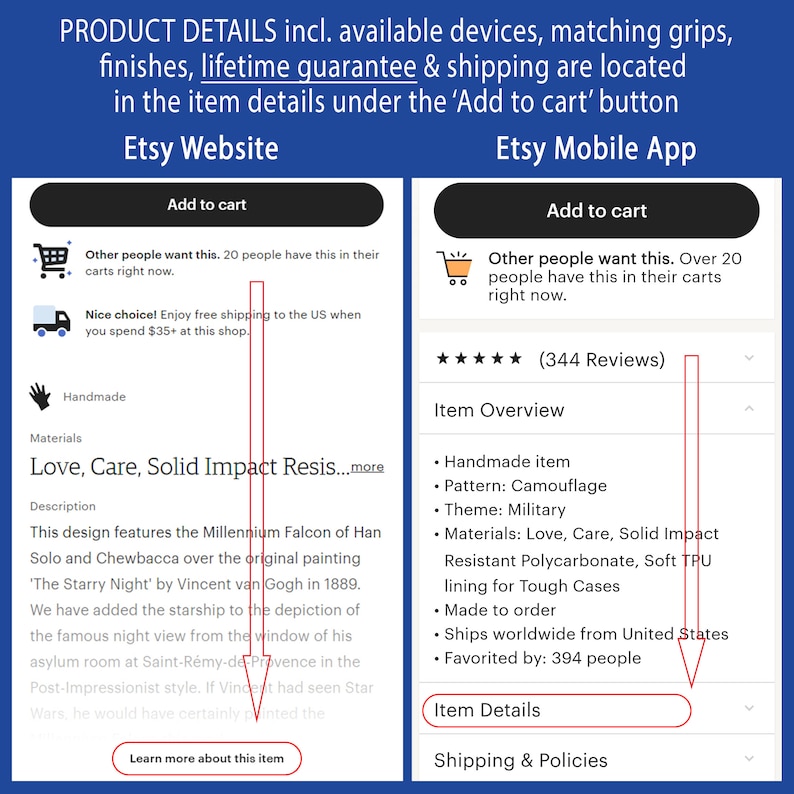 May include: Etsy product listing for a phone case featuring a camouflage pattern with the text "Love, Care, Solid Impact Resistant Polycarbonate, Soft TPU lining for Tough Cases". The listing includes details about the product, such as the materials used, the shipping options, and the reviews.