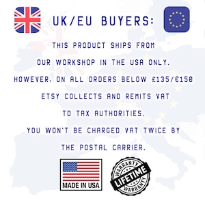 Puede incluir: Informaci&oacute;n para compradores del Reino Unido y la UE sobre el env&iacute;o y el IVA desde un taller en los EE. UU. El texto indica que Etsy recauda y remite el IVA a las autoridades fiscales para pedidos inferiores a 135&nbsp;&pound;/150&nbsp;&euro;. La imagen tambi&eacute;n incluye una etiqueta "Hecho en EE. UU." y un sello de "Garant&iacute;a de por vida".