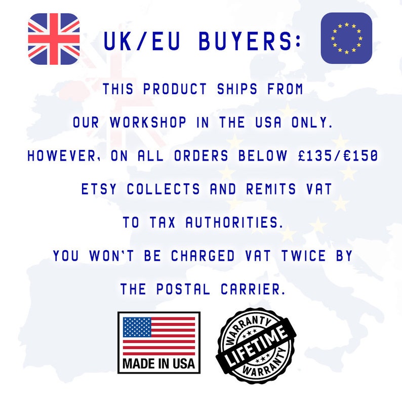 Puede incluir: Informaci&oacute;n para compradores del Reino Unido y la UE sobre el env&iacute;o y el IVA desde un taller en los EE. UU. El texto indica que Etsy recauda y remite el IVA a las autoridades fiscales para pedidos inferiores a 135&nbsp;&pound;/150&nbsp;&euro;. La imagen tambi&eacute;n incluye una etiqueta "Hecho en EE. UU." y un sello de "Garant&iacute;a de por vida".
