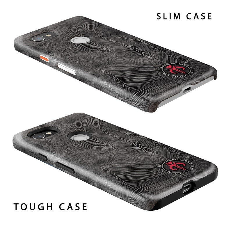 May include: Two phone cases, a slim case and a tough case, are displayed. Both cases have a swirling, wood-grain pattern in shades of gray and black. The slim case is labeled "SLIM CASE" and the tough case is labeled "TOUGH CASE". Each case has a red emblem.