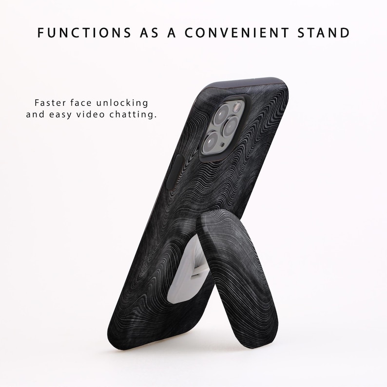 May include: A black phone case with a wood grain pattern and a built-in kickstand. The phone case is designed to prop up the phone for hands-free viewing.