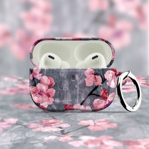 チェリーブロッサムスレートAirPodsケース - Apple AirPods 1 2、AirPods Pro、Air Podカバー、メタルカラビナキーチェーンリング付き、桜ジャパンフローラル