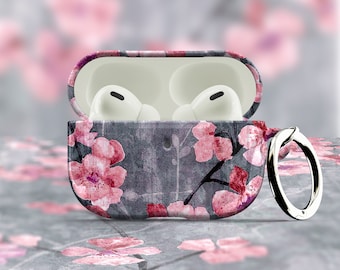 Cherry Blossom Slate AirPods Case - For Apple AirPods 1 2, AirPods Pro, Air Pod Cover with Metal Carabiner Keychain Ring Sakura Japan Floral