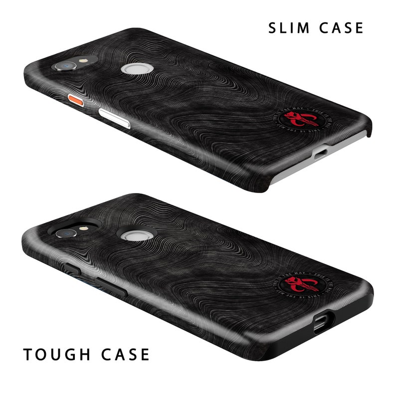 May include: Two phone cases with a black and white wood grain design. The top case is labelled "SLIM CASE" and the bottom case is labelled "TOUGH CASE". Both cases feature a red and white logo with the text "This is the way" and a symbol.