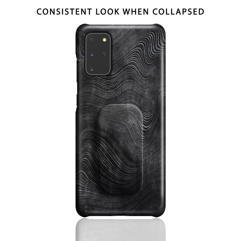 May include: Black phone case with a wavy pattern and a black accent on the back.
