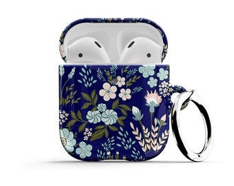 Night Garden AirPods Case - For Apple AirPods 1 2, AirPods Pro, Blue Floral Air Pod Cover with Metal Carabiner Keychain Ring