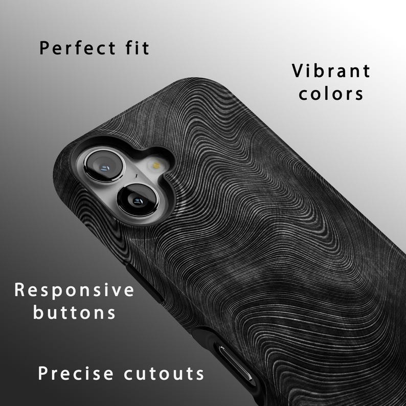 May include: Black phone case with a wood grain pattern. The case has a raised camera bump and cutouts for the buttons and ports.