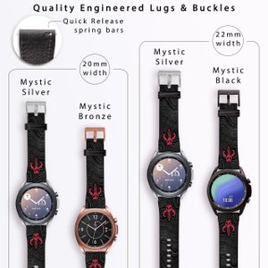 Op de afbeelding: Drie verschillende horlogebandjes met een zwart en rood ontwerp. De bandjes zijn 20 mm en 22 mm breed. De bandjes zijn gelabeld met "Mystic Silver", "Mystic Bronze" en "Mystic Black".