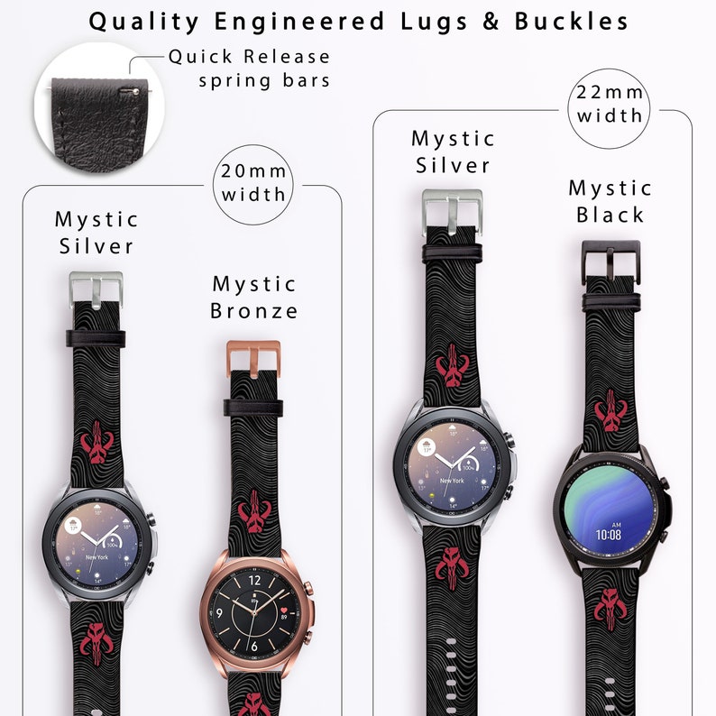 Op de afbeelding: Drie verschillende horlogebandjes met een zwart en rood ontwerp. De bandjes zijn 20 mm en 22 mm breed. De bandjes zijn gelabeld met "Mystic Silver", "Mystic Bronze" en "Mystic Black".