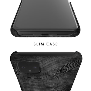 May include: Black phone case with a wood grain pattern. The case is slim and has a cutout for the camera lens.