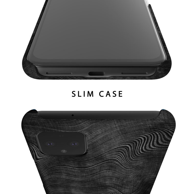 May include: Black phone case with a wood grain pattern. The case is slim and has a cutout for the camera lens.