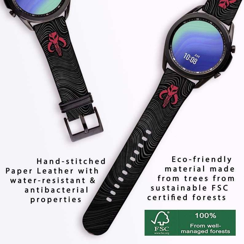 Op de afbeelding: Zwart en rood horlogebandje met een Mandalorian-symbool. Het bandje is gemaakt van milieuvriendelijk papierleer met waterbestendige en antibacteri&euml;le eigenschappen. Het bandje is 100% afkomstig van goed beheerde bossen die zijn gecertificeerd door het Forest Stewardship Council (FSC).