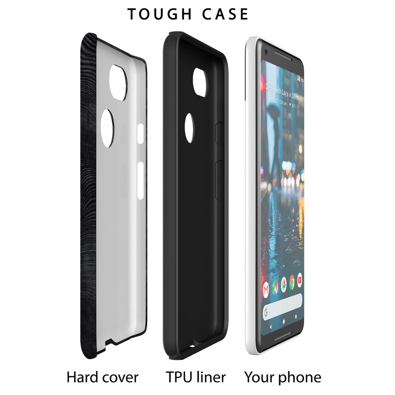 May include: A tough phone case with a black and white wood grain design. The case is made of two parts: a hard cover and a TPU liner. The case is shown next to a white phone.