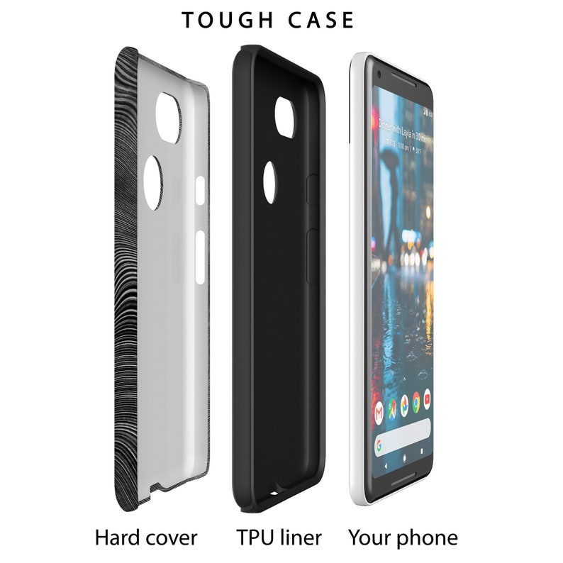 May include: A tough phone case with a black and white patterned hard cover and a black TPU liner. The case is designed to protect your phone from drops and scratches.