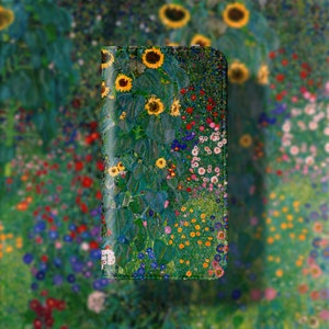 Gustav Klimt Farm Garden with Sunflowers Phone Wallet - For iPhone 15 Pro Max 14 Pro 13 mini 12 11 Samsung Galaxy S23 S22 S21 Floral Card