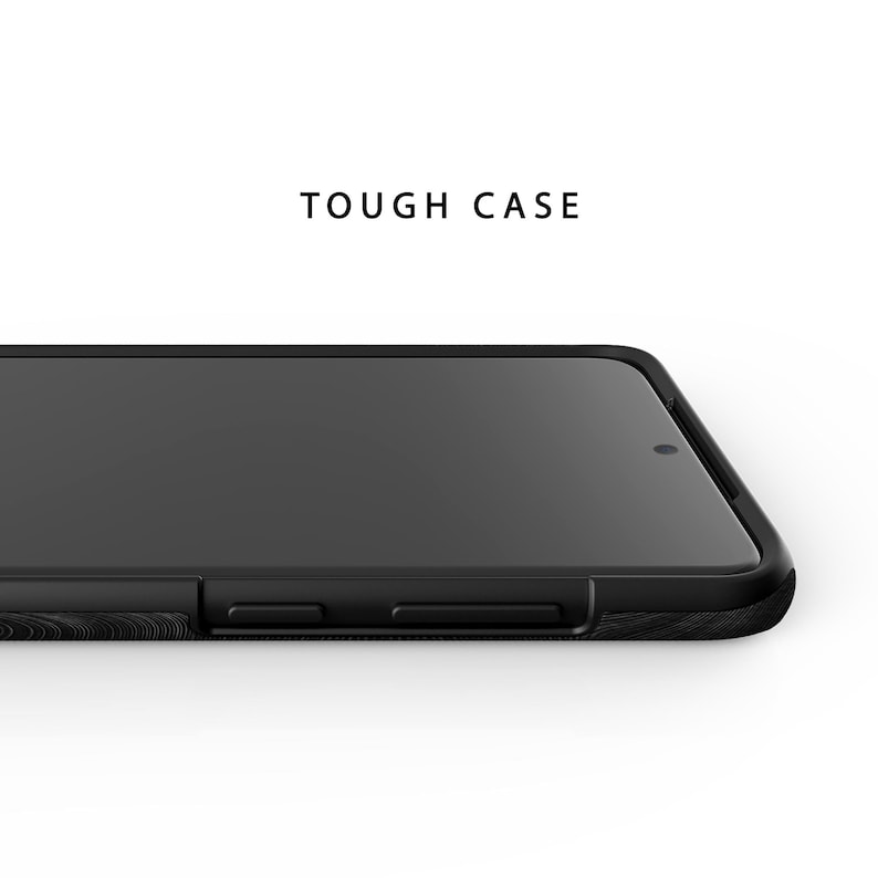 May include: A black phone case with a textured wood-grain design. The case has a raised lip around the screen and camera to protect them from scratches. The case also has a cutout for the camera lens and a button for the volume control.