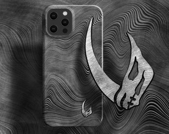 May include: A black phone case with a wavy pattern and a silver Mandalorian symbol. The case has a raised camera bump with three lenses.