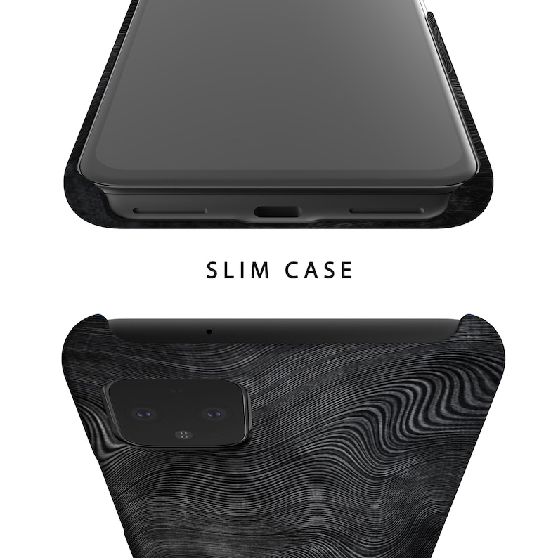 May include: A black phone case with a wood grain pattern. The case has a raised camera bump and a cutout for the charging port.