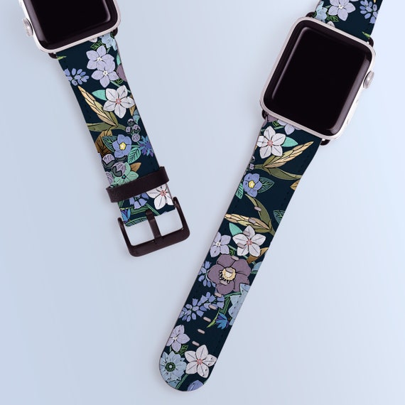 Jardin Bleu Band for Apple Watch Floral Strap Women 40mm 41mm 38mm 42mm  44mm 45mm 49mm Blue Wild Flowers PU Leather Series 9 8 7 6 5 4 3 2 