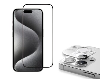 Ensemble de protections d'objectif d'écran et d'appareil photo pour iPhone 15 Pro Max, 14 Pro, verre trempé ultra-résistant, dureté 9H ultra-résistante, cadre facile à aligner