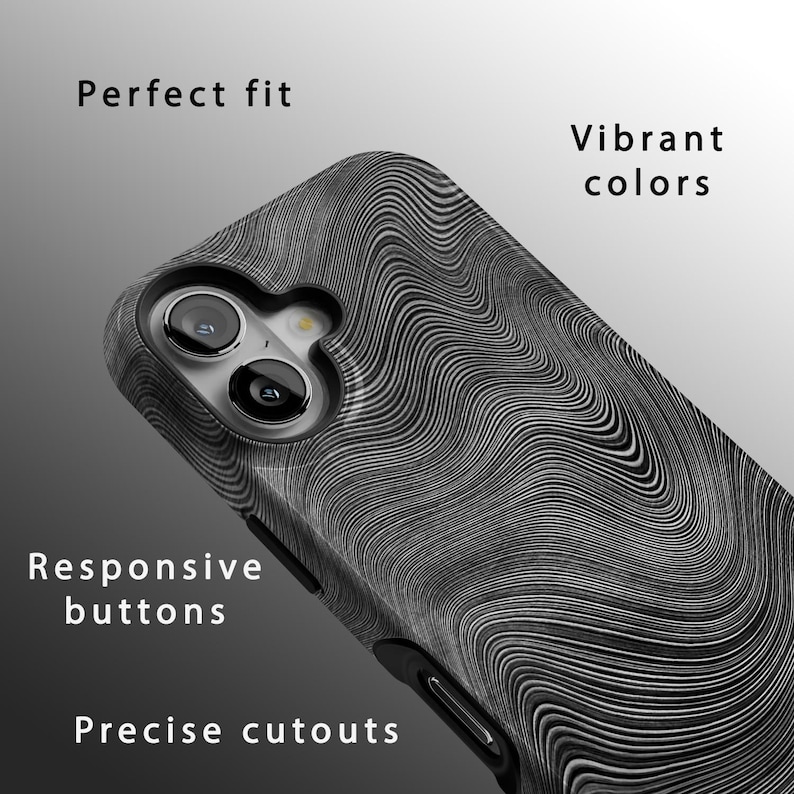 May include: A black and white phone case with a wavy pattern. The case has a raised camera bump and cutouts for the buttons and charging port.