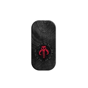 May include: Black phone case with a wood grain pattern and a red and black Mandalorian symbol with the text "This is the way" around it.