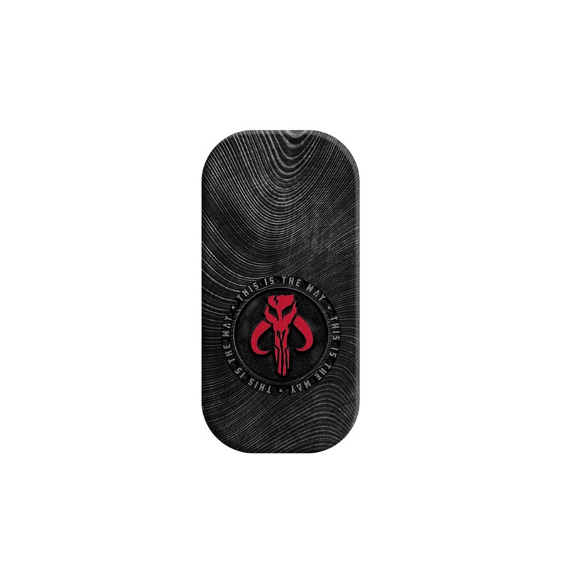 May include: Black phone case with a wood grain pattern and a red and black Mandalorian symbol with the text "This is the way" around it.