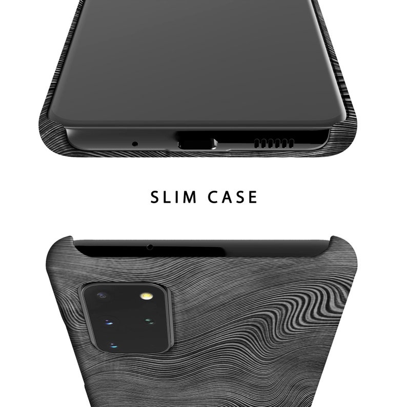 May include: A black phone case with a wood grain pattern. The case is designed to fit a slim phone and has a raised camera bump.