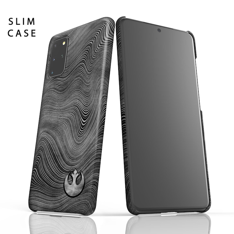 May include: A black phone case with a white Rebel Alliance symbol and a wavy pattern. The case is designed for a slim fit and has a black screen protector.
