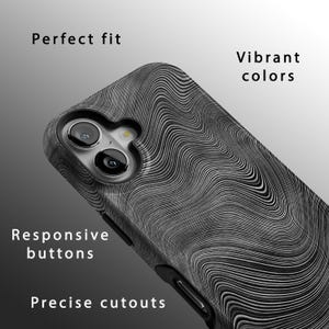 May include: A black and white phone case with a wavy pattern. The case has a raised camera bump and cutouts for the buttons and charging port.
