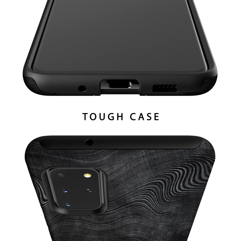 May include: A black phone case with a wood grain pattern. The case has a raised lip around the screen and camera to protect it from scratches. The case also has cutouts for the camera, charging port, and buttons.