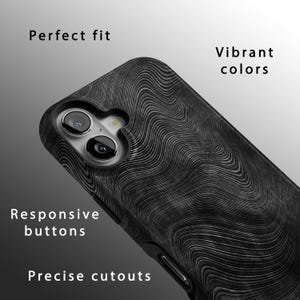 May include: Black phone case with a wood grain pattern. The case has a raised camera bump and cutouts for the buttons and ports.