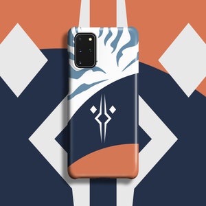 May include: A phone case with a white and blue abstract design. The case has a dark blue background with a white and blue abstract design. The case has a camera cutout in the top right corner.
