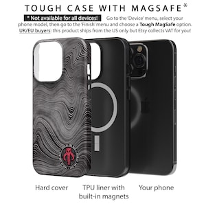May include: A black phone case with a white and gray wavy pattern. The case has a built-in magnetic ring for use with MagSafe accessories. The text "Tough Case with MagSafe*" is at the top of the image. The text "*Not available for all devices! Go to the 'Device' menu, select your phone model, then go to the 'Finish' menu and choose a Tough MagSafe option. UK/EU buyers: this product ships from the US only but Etsy collects VAT for you!" is below the image.