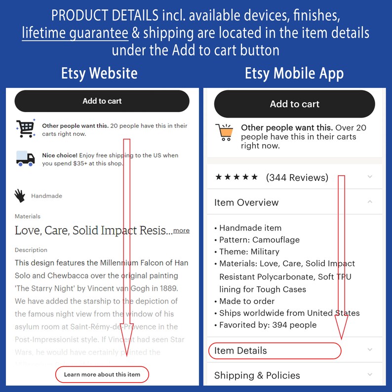 May include: A product listing for a phone case featuring a camouflage pattern. The case is made of polycarbonate with a soft TPU lining for protection. The listing includes details about the product, such as the materials used, the shipping options, and the reviews. The listing also includes a description of the product, which states that it is a handmade item and that it is made to order.