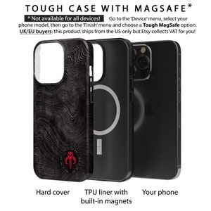 May include: A black phone case with a white swirl pattern and a red Mandalorian symbol. The case is compatible with MagSafe and has a built-in TPU liner with magnets. The case is shown next to a black phone.