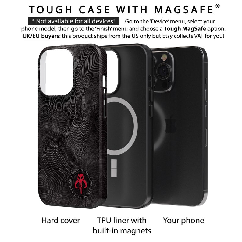 May include: A black phone case with a white swirl pattern and a red Mandalorian symbol. The case is compatible with MagSafe and has a built-in TPU liner with magnets. The case is shown next to a black phone.