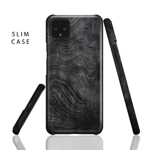 May include: A black phone case with a wavy, abstract pattern. The case is designed to fit a phone with a dual camera system. The text "SLIM CASE" is visible in the top left corner of the image.