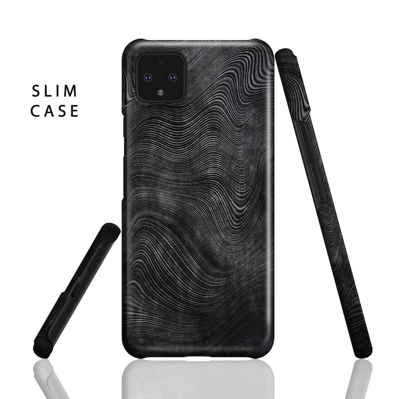 May include: A black phone case with a wavy, abstract pattern. The case is designed to fit a phone with a dual camera system. The text "SLIM CASE" is visible in the top left corner of the image.
