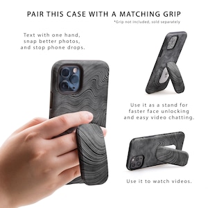 May include: A black phone case with a wavy pattern. The case has a built-in stand that can be used to prop up the phone for watching videos or video chatting. The text "PAIR THIS CASE WITH A MATCHING GRIP" is at the top of the image. The text "*Grip not included, sold separately" is below the text at the top of the image. The text "Text with one hand, snap better photos, and stop phone drops." is on the left side of the image. The text "Use it as a stand for faster face unlocking and easy video chatting." is on the right side of the image. The text "Use it to watch videos." is at the bottom of the image.
