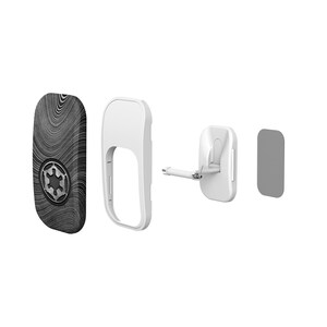 May include: A white and gray wall mount phone holder with a black and gray patterned cover featuring a silver emblem. The set includes a white frame, a mounting bracket, and a gray adhesive pad.