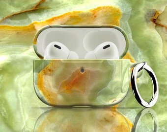Green Onyx Marble AirPods Case - For Apple AirPods 1 & 2, AirPods Pro, Air Pod Cover with Metal Carabiner Keychain Ring Mineral Agate Quartz