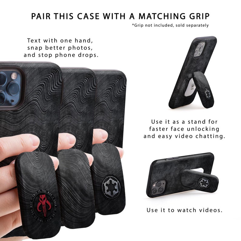May include: Black phone case with a textured design. The case has a built-in kickstand that can be used to prop up the phone for watching videos or video chatting. The case is shown with a matching grip, but the grip is sold separately.