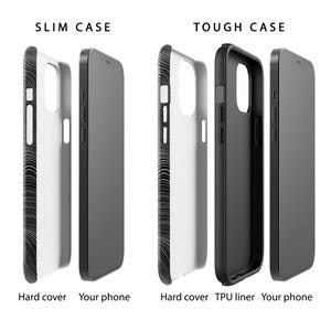 May include: Two phone cases, one slim and one tough, are shown side-by-side. The slim case is a hard cover with a white background and a black and white patterned design. The tough case has a hard cover with a white background and a black and white patterned design, a black TPU liner, and a black hard cover.