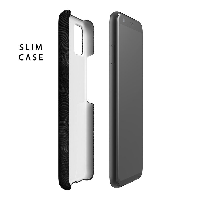 May include: A black phone case with a wood grain pattern. The case is shown next to a black phone with a screen.