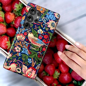 William Morris Strawberry Thief Phone Case - For Samsung GalaxyS26 Ultra S25 Plus S24 S23 S22 S21 S20 FE Note 20 Floral Bird