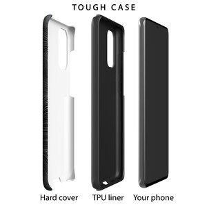 May include: A tough phone case with a hard cover and a TPU liner. The case is black and has a textured design. The phone case is shown next to a smartphone.