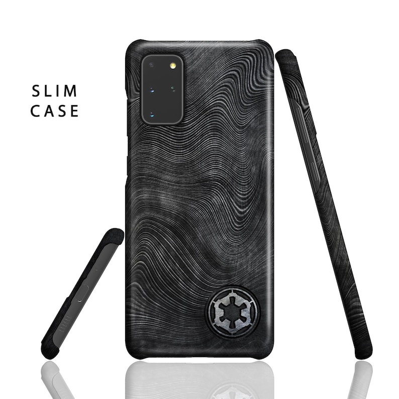 May include: A black phone case with a grey and white wavy pattern and a black and silver symbol. The case is designed to fit a Samsung Galaxy S20 Ultra phone. The case is labelled "SLIM CASE".